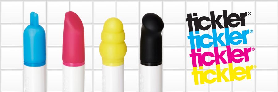 Färgglada produkter från Tickler på rad mot en rutig bakgrund.