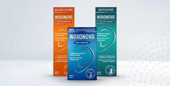 Tre Waxonova &ouml;ronprodukter mot ljus bakgrund.