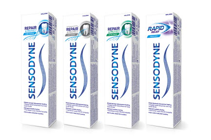 Fyra olika produkter från Sensodyne "Repair & Protect" , "whiening", ""Repair & protect extra fresh" , "Rapid relief" placerade bredvid varandra med en vit bakgrund.