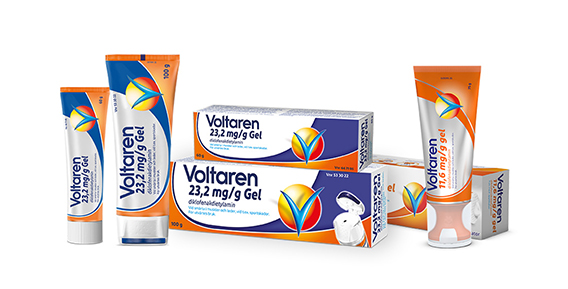 Flera förpackningar av Voltaren gel, inklusive tuber och kartonger.