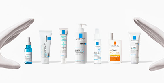 Produkter från La Roche-Posay uppradade bredvid varandra mot en vit bakgrund.