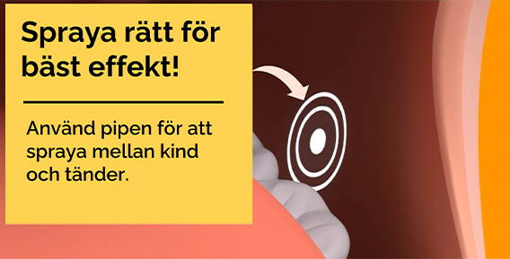 En gul ruta i vänstra hörnet med en beskrivning "hur man ska spraya rätt för att få den bästa effekten. Använd pipen för att spraya mellan kind och tänder". I bakgrunden syns en kind och tänder samt en markering där man ska spraya.